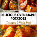 Close-up of maple glazed sweet potatoes oven roasted until golden and served as a comforting potato dish.